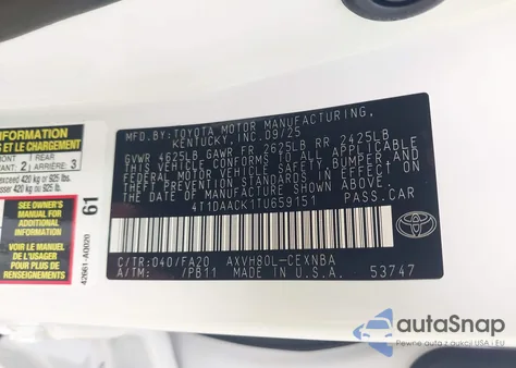 2026 Toyota Camry Le from USA, damaged, VIN 4T1DAACK1TU659151